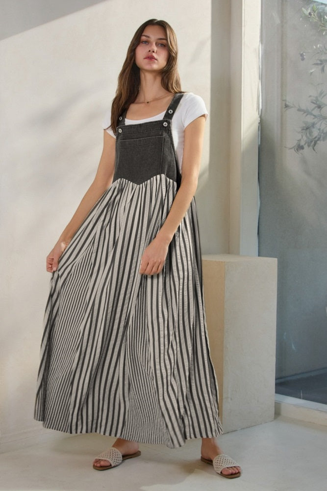 Charcoal Striped Colorblock Denim Contrast Maternity Maxi Dress