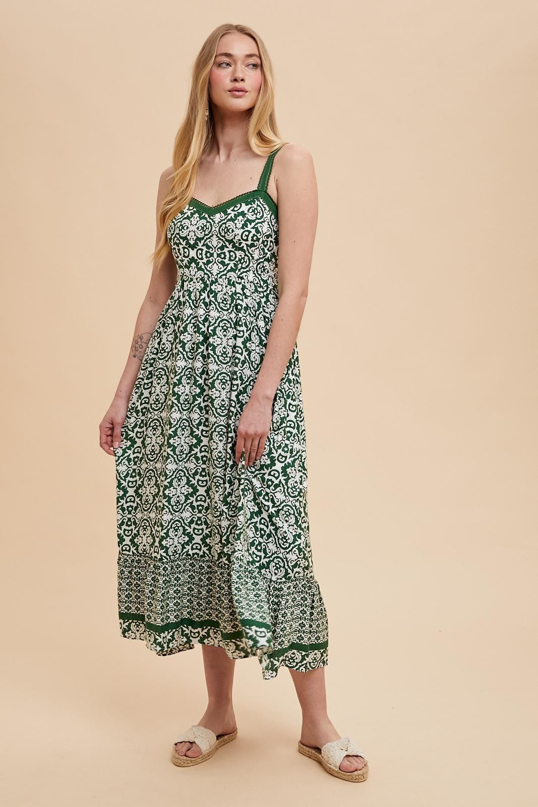 Green Sleeveless Border Print Maternity Maxi Dress