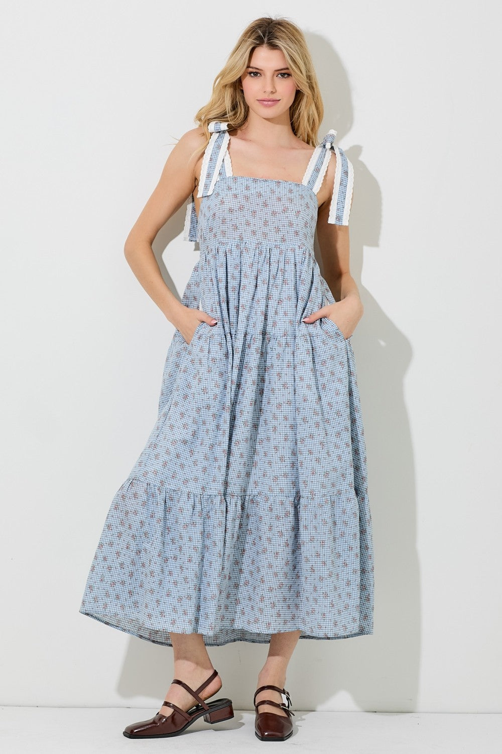 Blue Floral Gingham Shoulder Tie Maternity Midi Dress