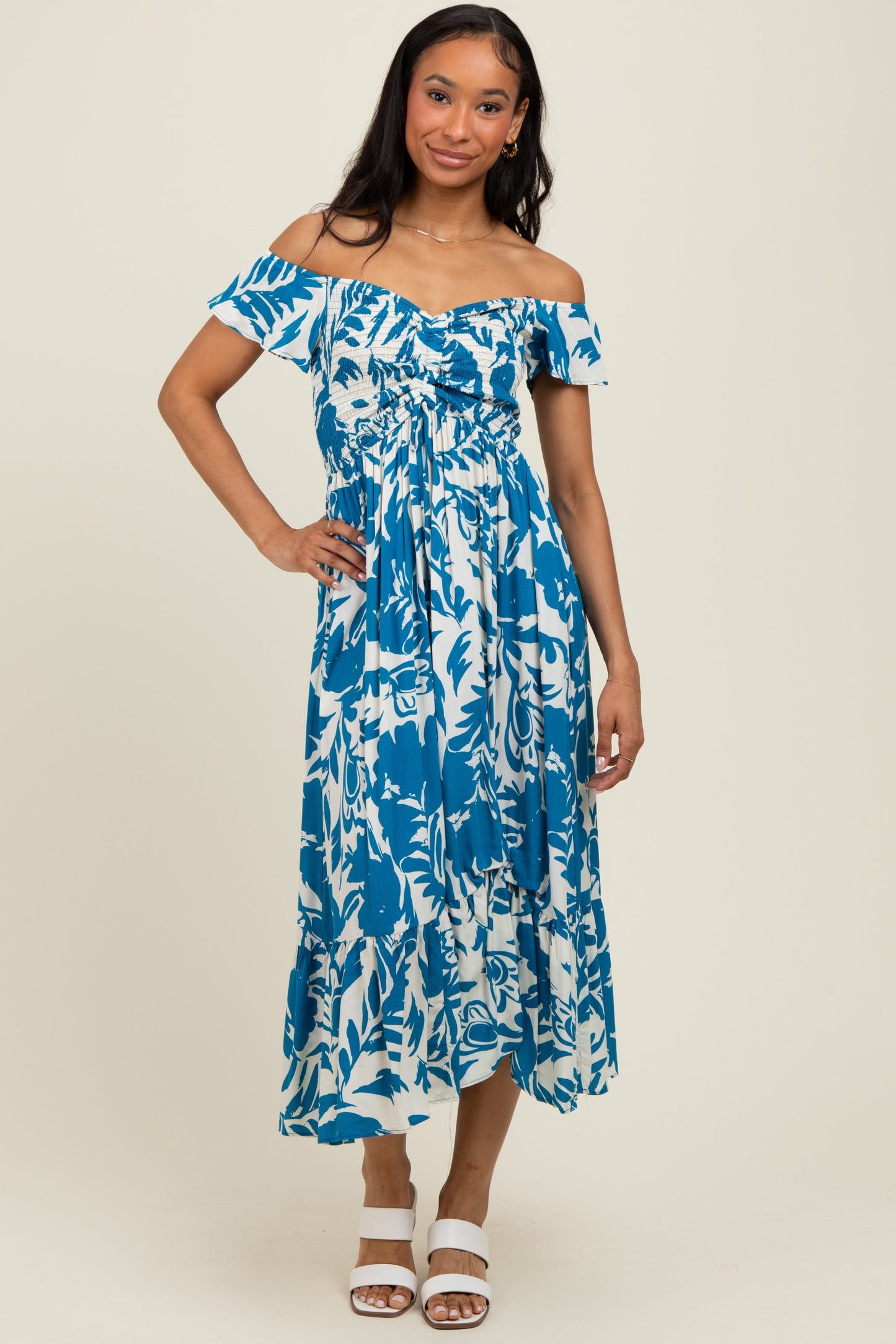 Blue Cream Smocked Top Maternity Midi Dress