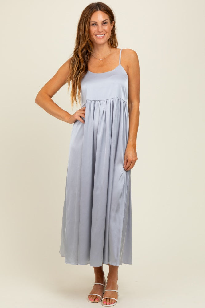 Light Grey Satin Sleeveless Tie-Back Maternity Midi Dress