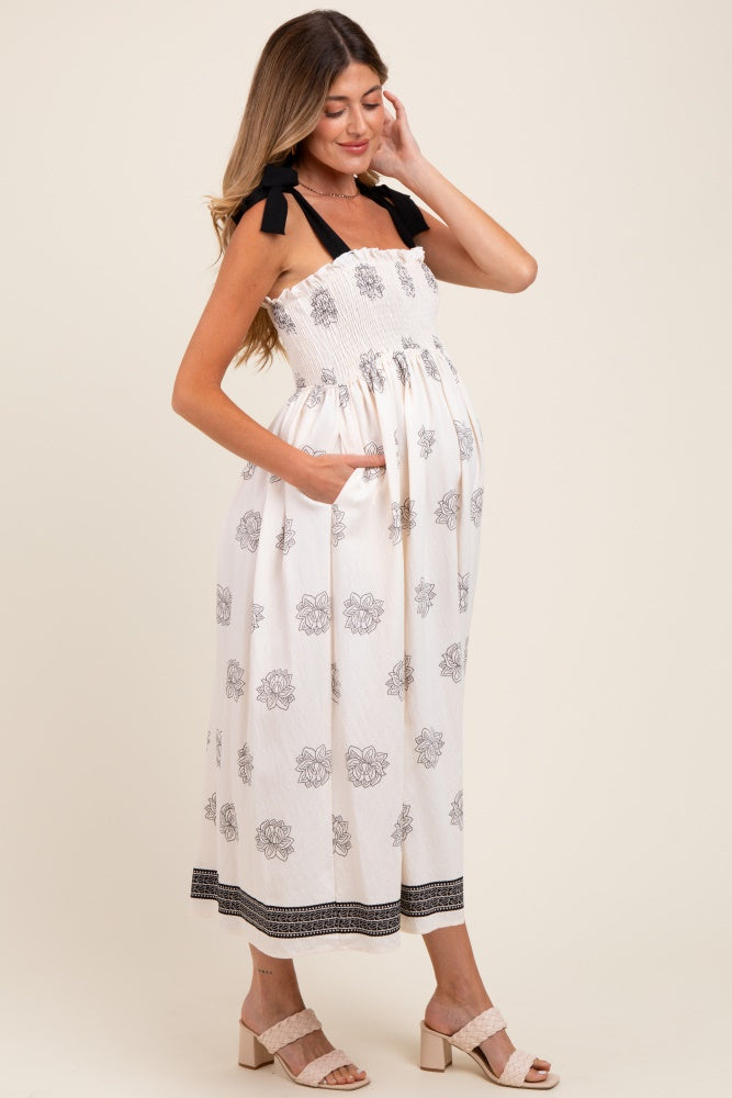 Cream/Black Vintage Floral Border Printed Smocked Top Sleeveless Maternity Maxi Dress