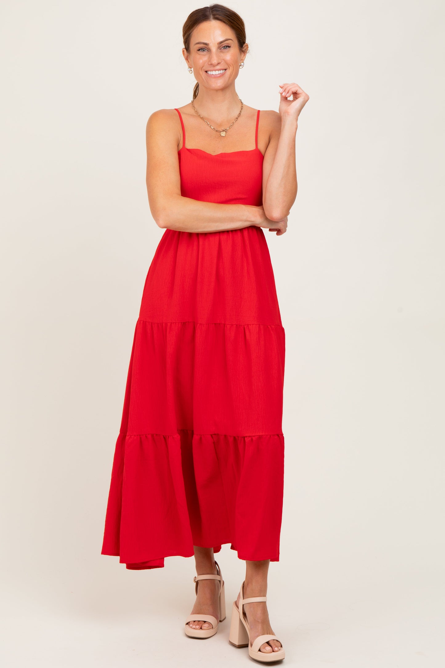 Red Tiered Cutout Tie Back Maternity Midi Dress