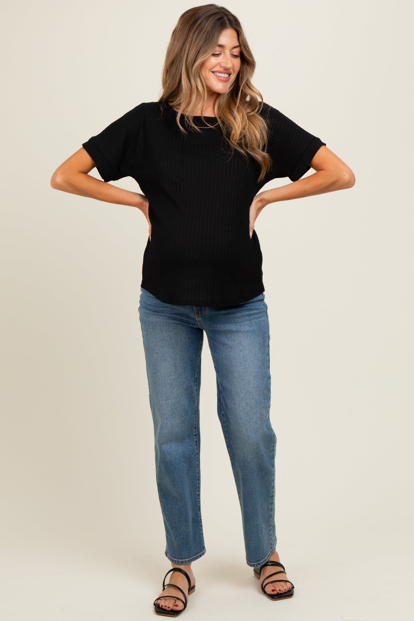 Black Ribbed Knit Maternity Short Sleeve Top