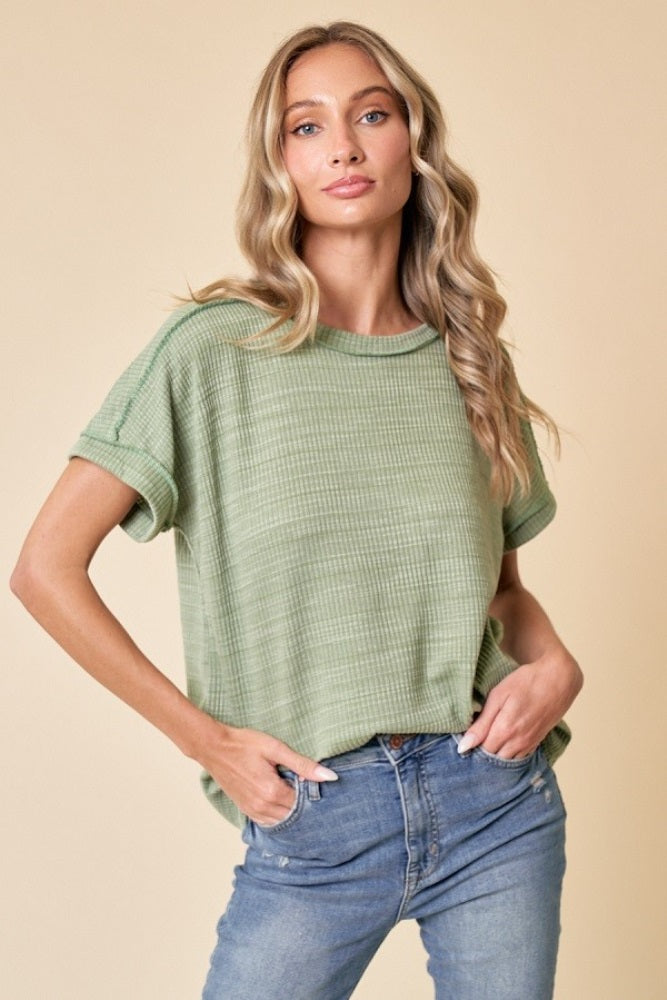 Light Olive Ribbed Exposed Seam Short Sleeve Maternity Top