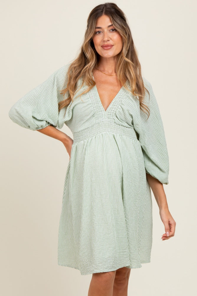 Sage Striped Balloon Sleeve V-Neck Maternity Dress