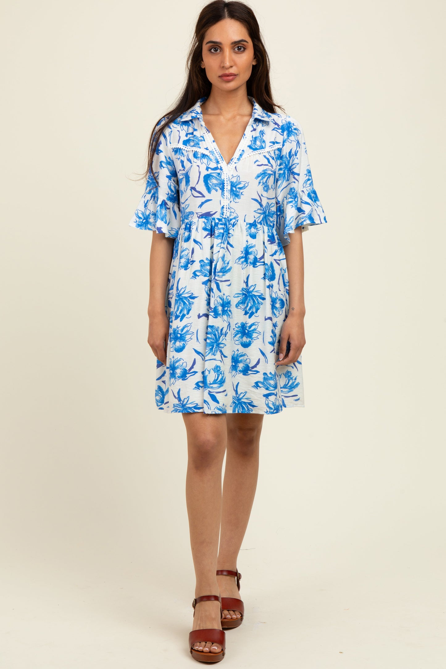 Blue Floral V-Neck Crochet Trim Maternity Dress