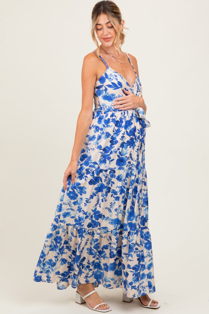 Blue Floral Tiered Sleeveless Sash Tie Maternity Maxi Dress