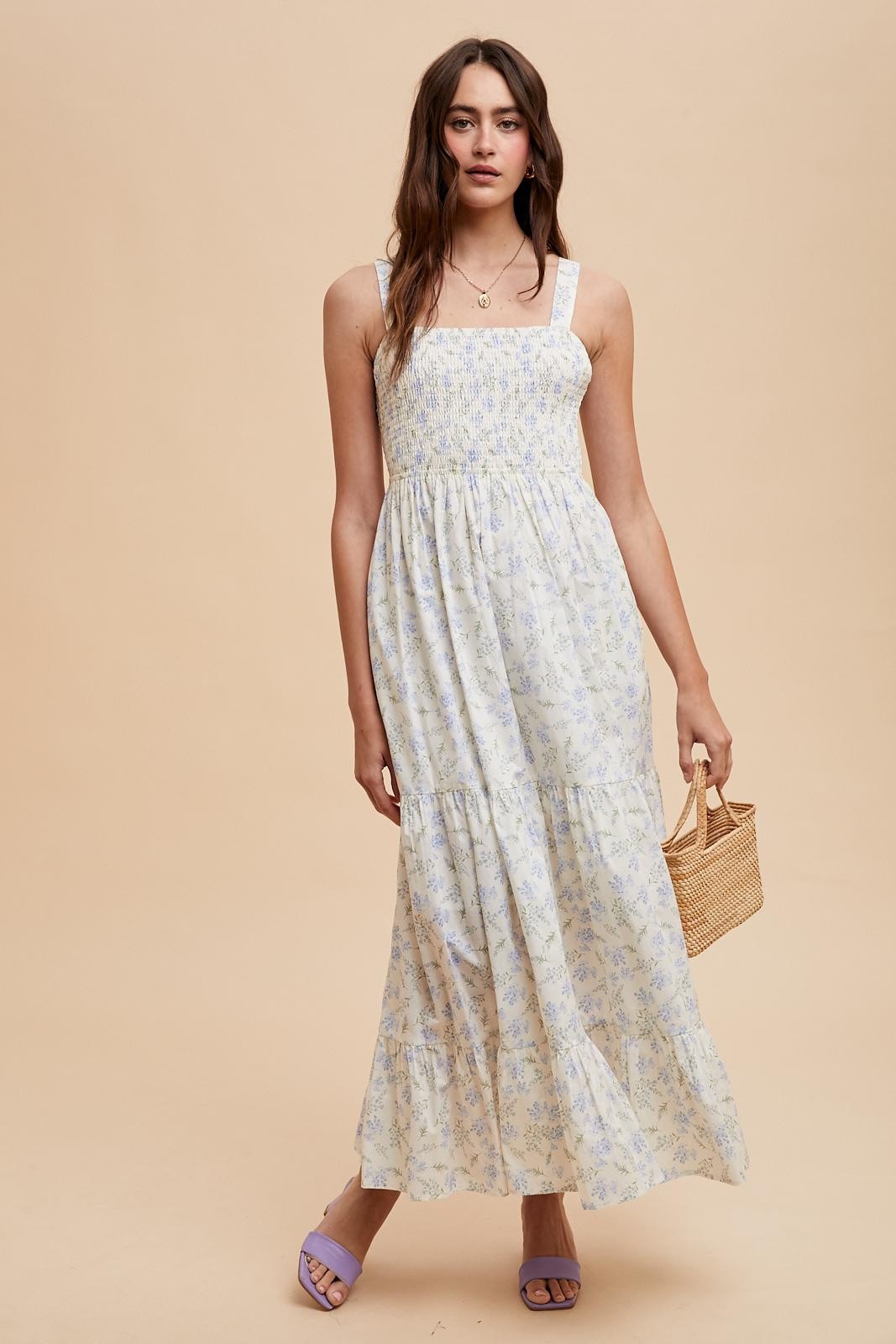 Light Blue Smocked Cotton Floral Sleeveless Maternity Maxi Dress