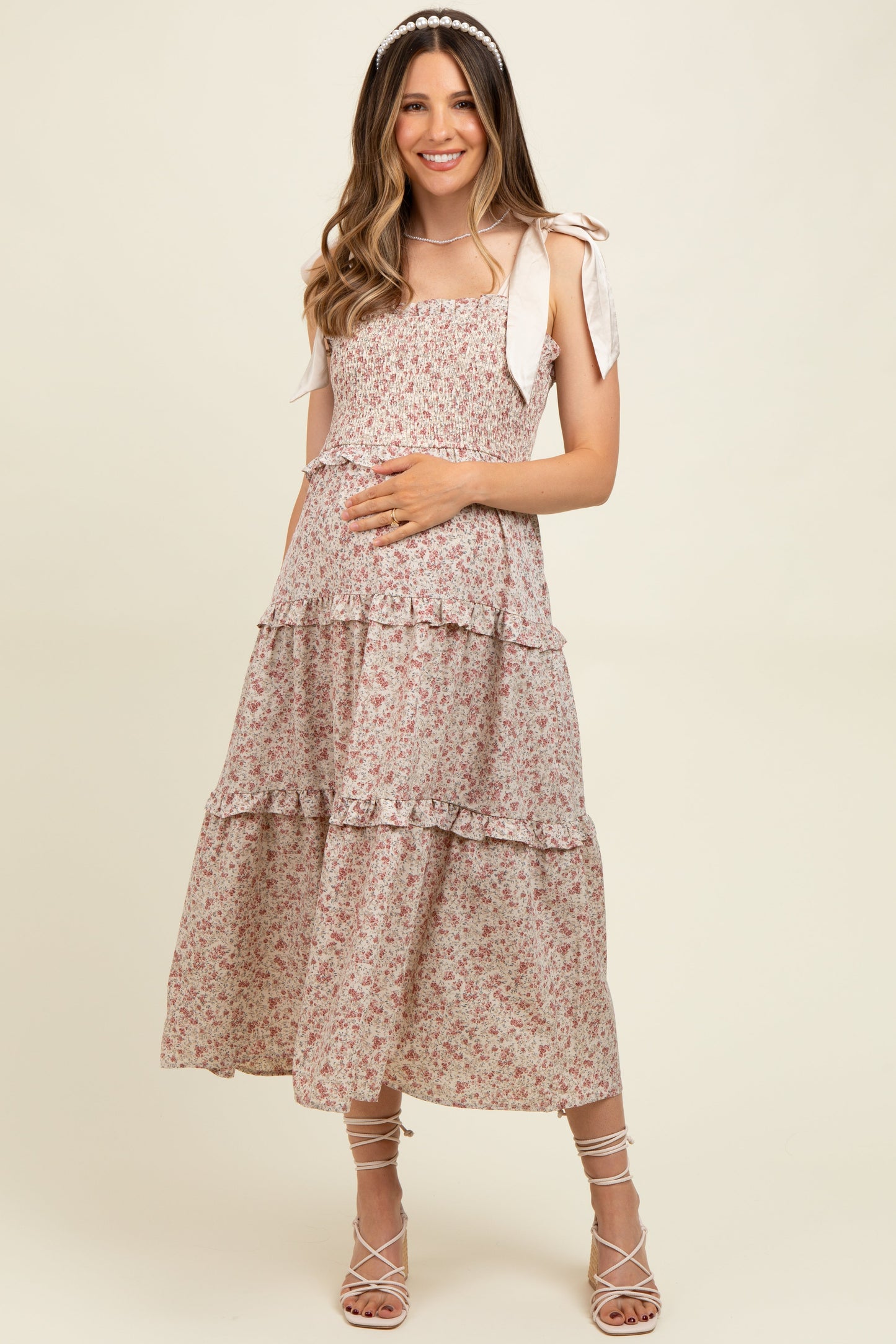 Cream Tie Shoulder Detail Floral Maternity Midi Dress