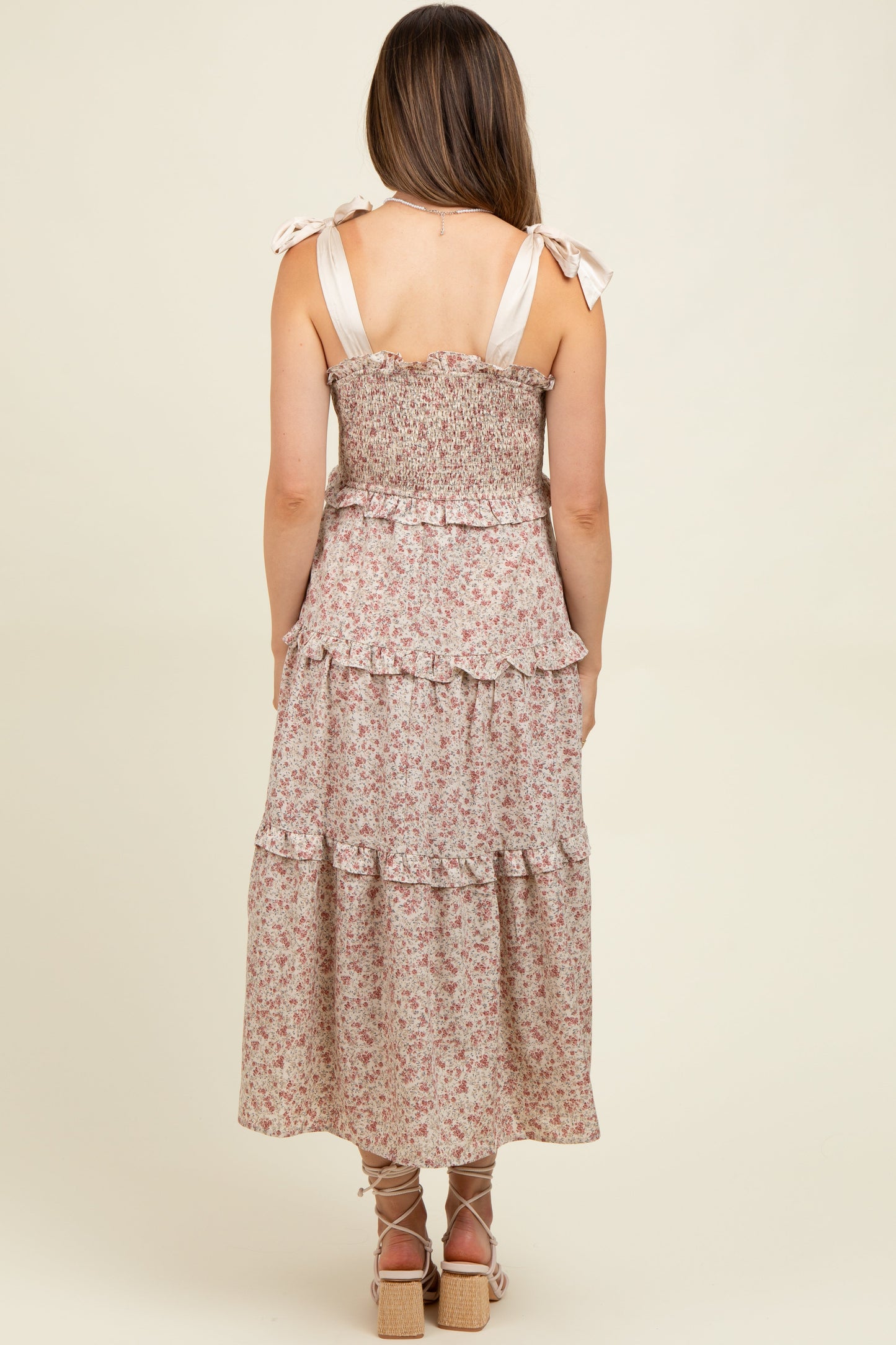 Cream Tie Shoulder Detail Floral Maternity Midi Dress