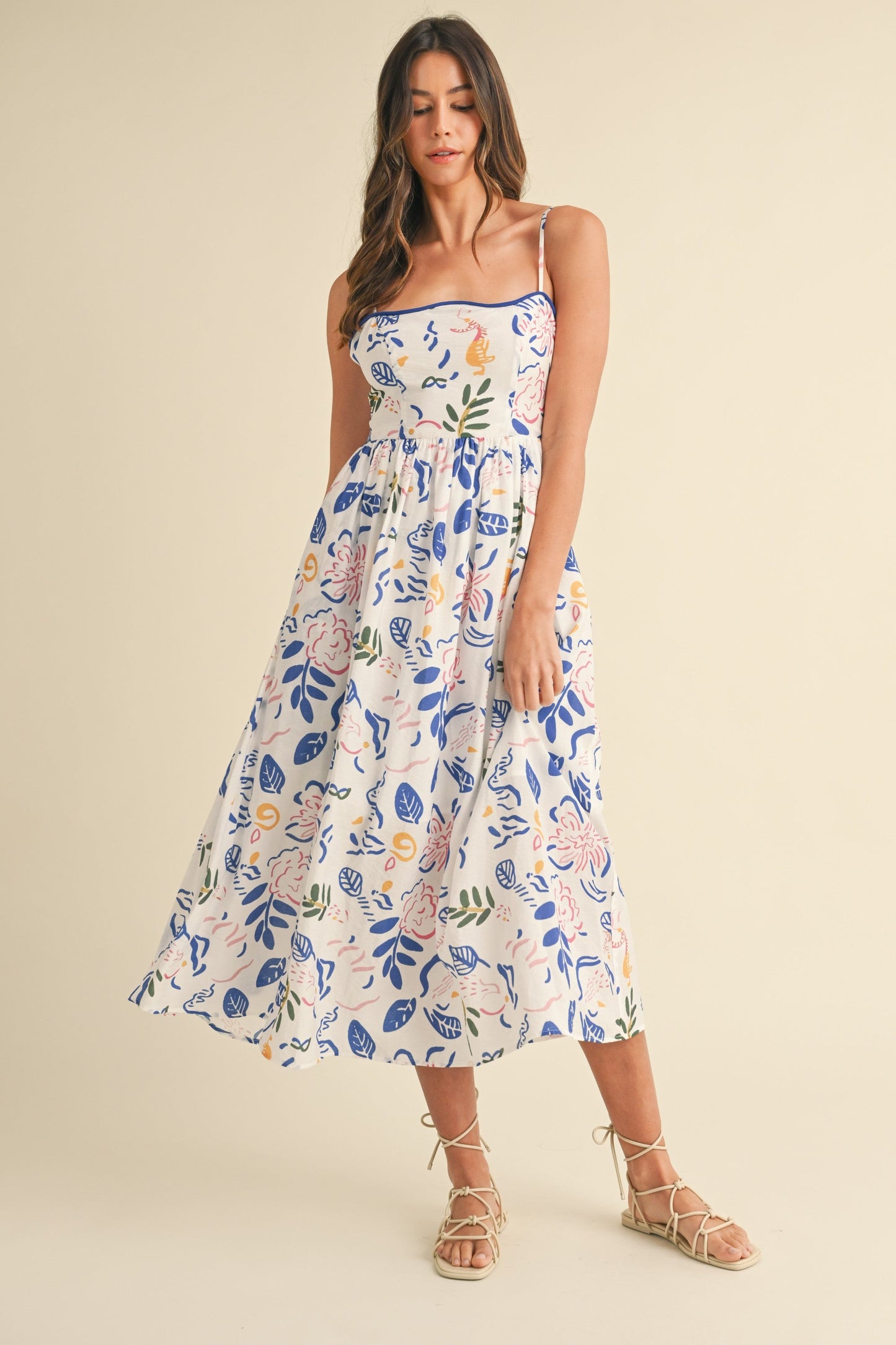 Ivory/Blue Leaf Printed Contrast Piping Detail Maternity Midi Dress