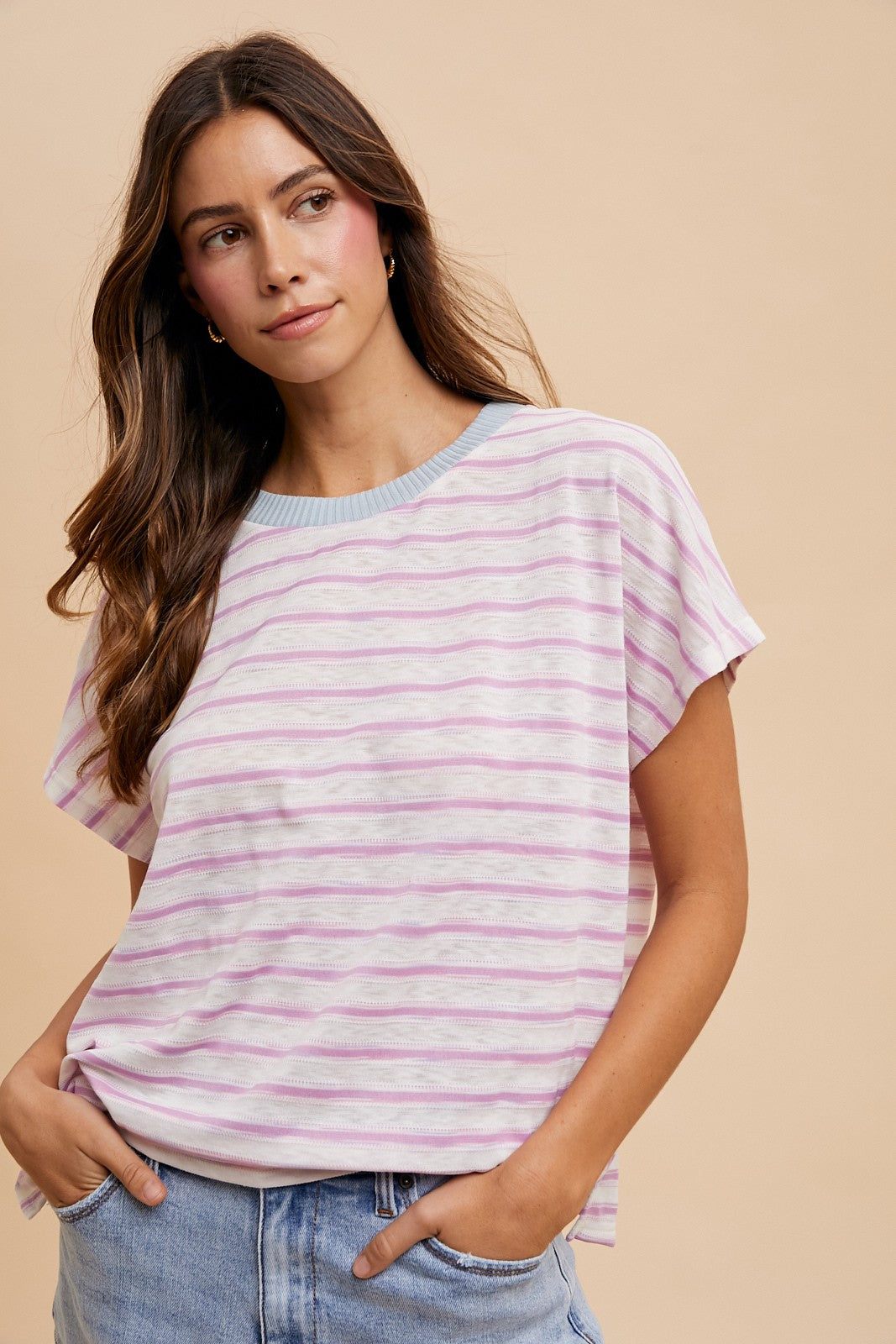 Pink Combo Contrast Neck Band Striped Slub Jersey Maternity T Shirt