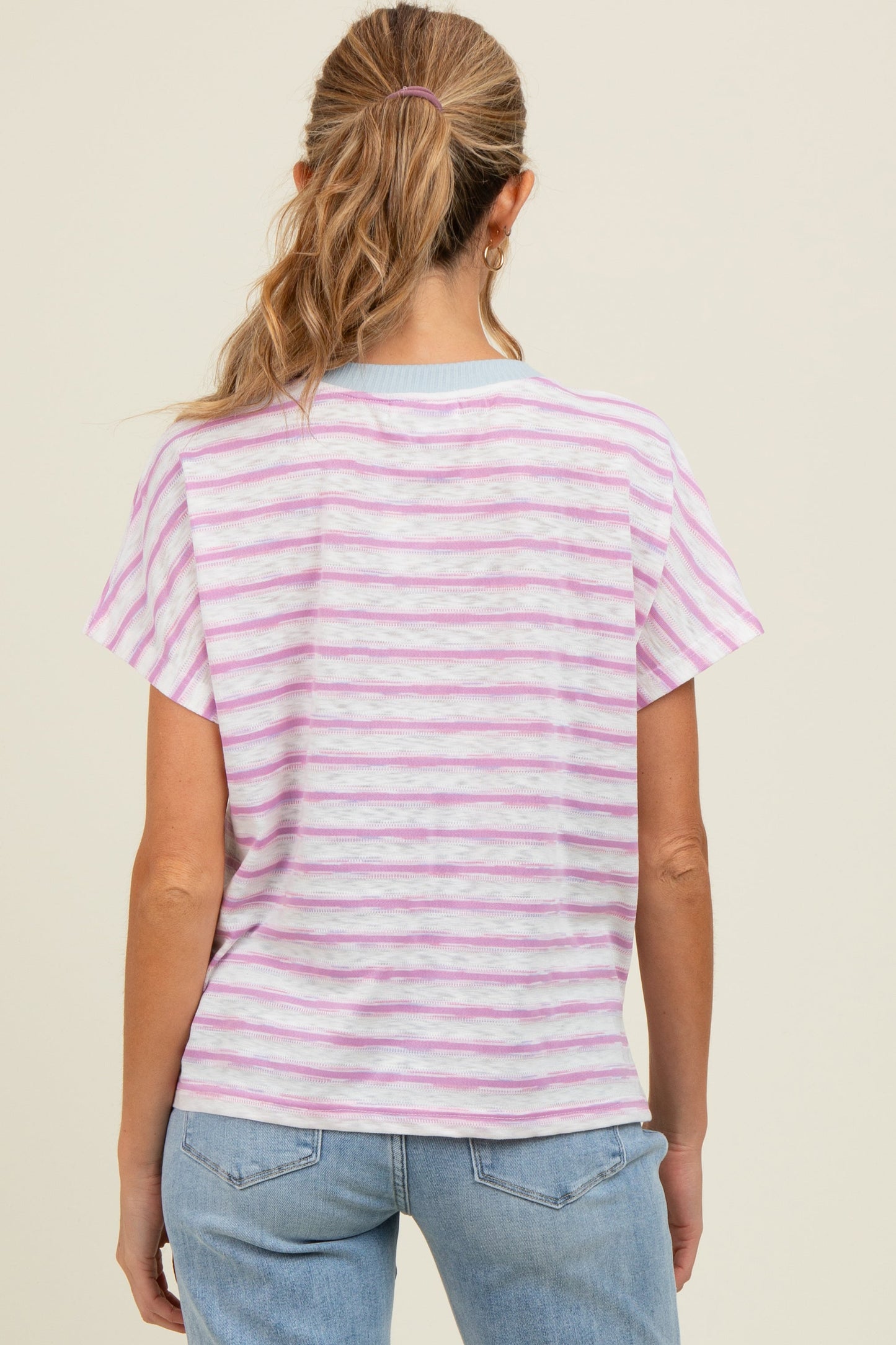 Pink Combo Contrast Neck Band Striped Slub Jersey Maternity T Shirt