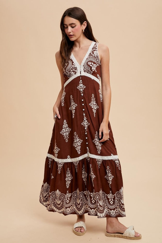 Brown Border Print Resort Maternity Maxi Dress