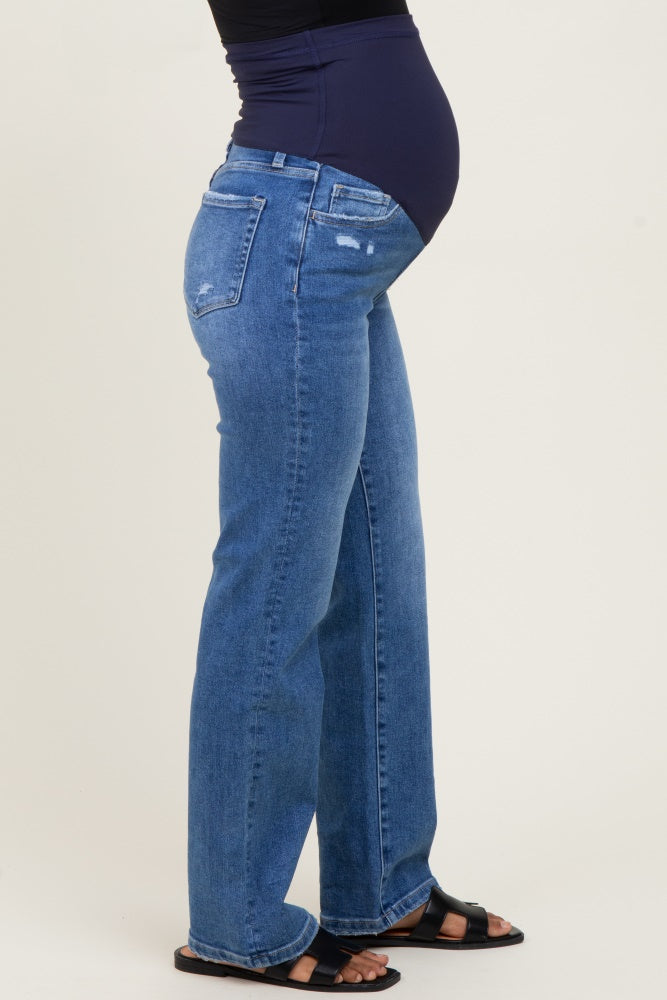 Blue Mid Rise Full Length Straight Leg Maternity Jeans