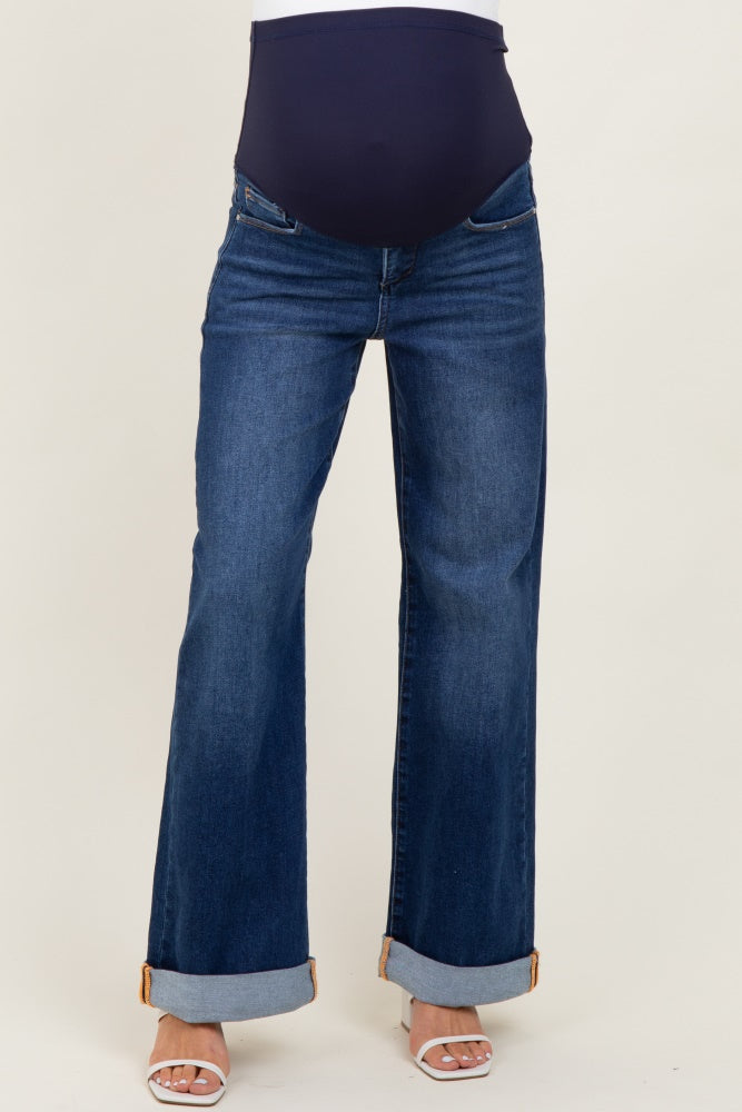 Dark High Rise Wide Leg Cuffed Maternity Jeans