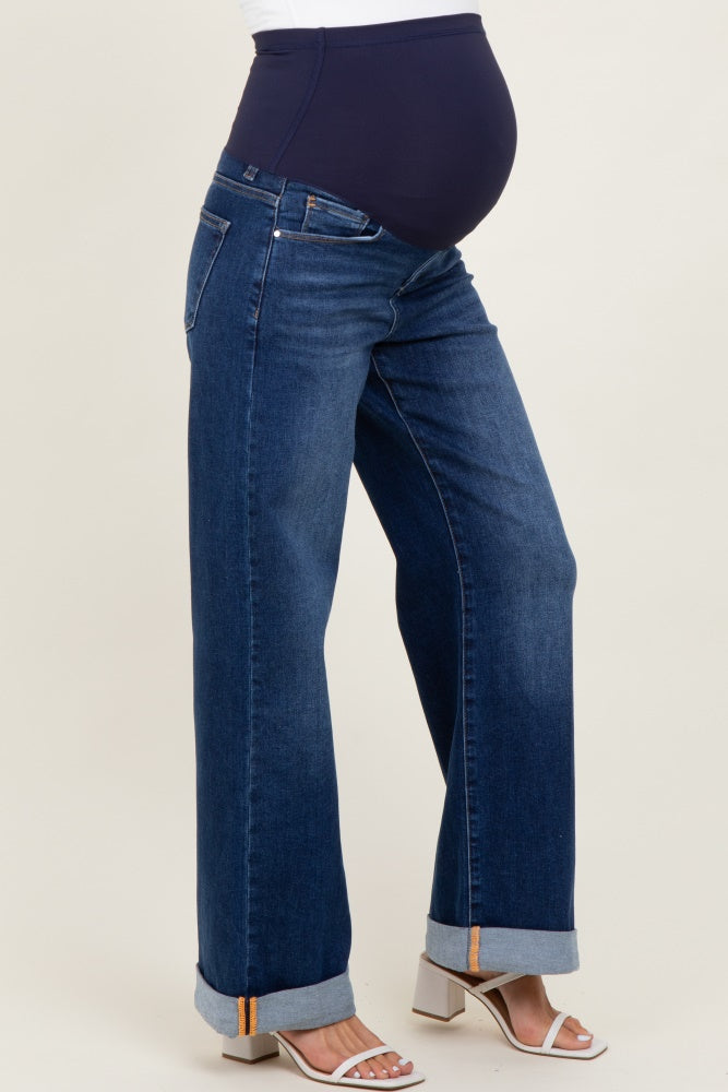 Dark High Rise Wide Leg Cuffed Maternity Jeans