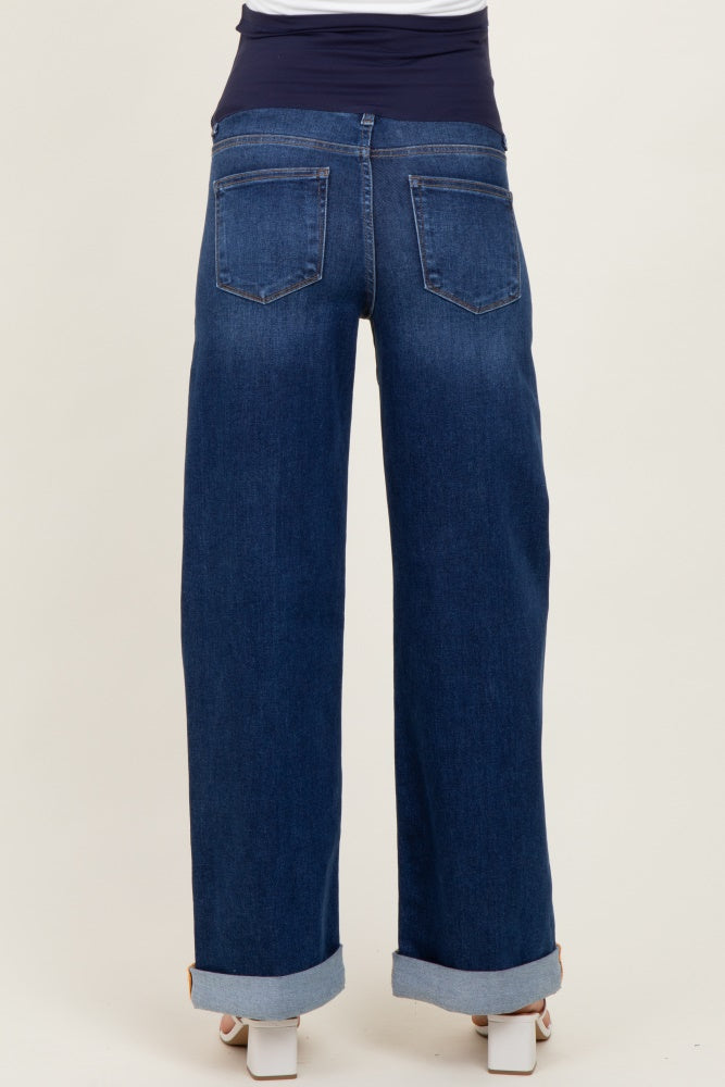 Dark High Rise Wide Leg Cuffed Maternity Jeans