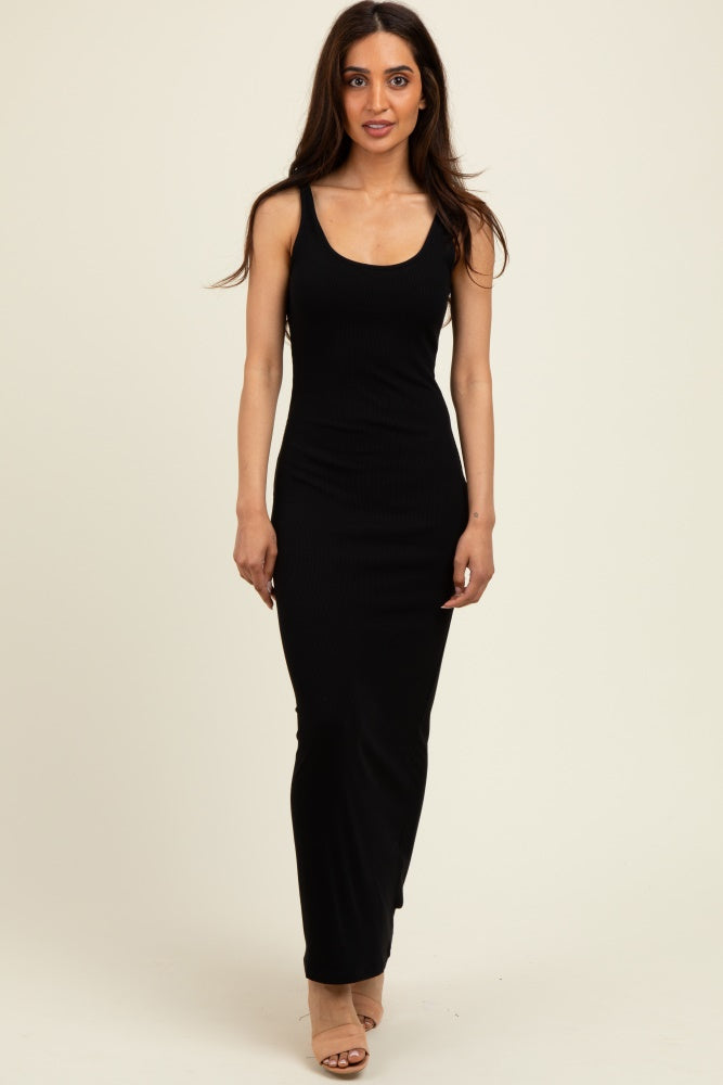 Black Scoop Neck Sleeveless Rayon Rib Maternity Maxi Knit Dress
