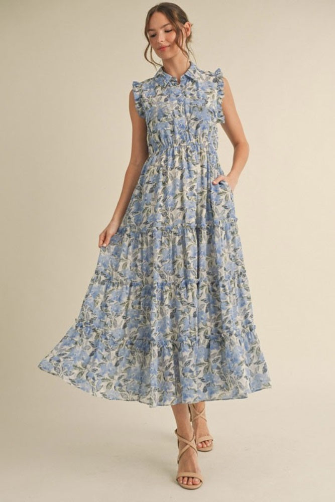 Blue Floral Print Frilled Pocketed Maternity Midi Dress