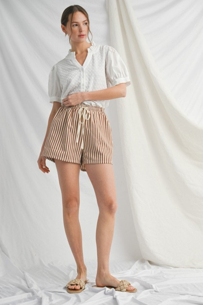 Mocha Drawstring Waist Striped Maternity Shorts