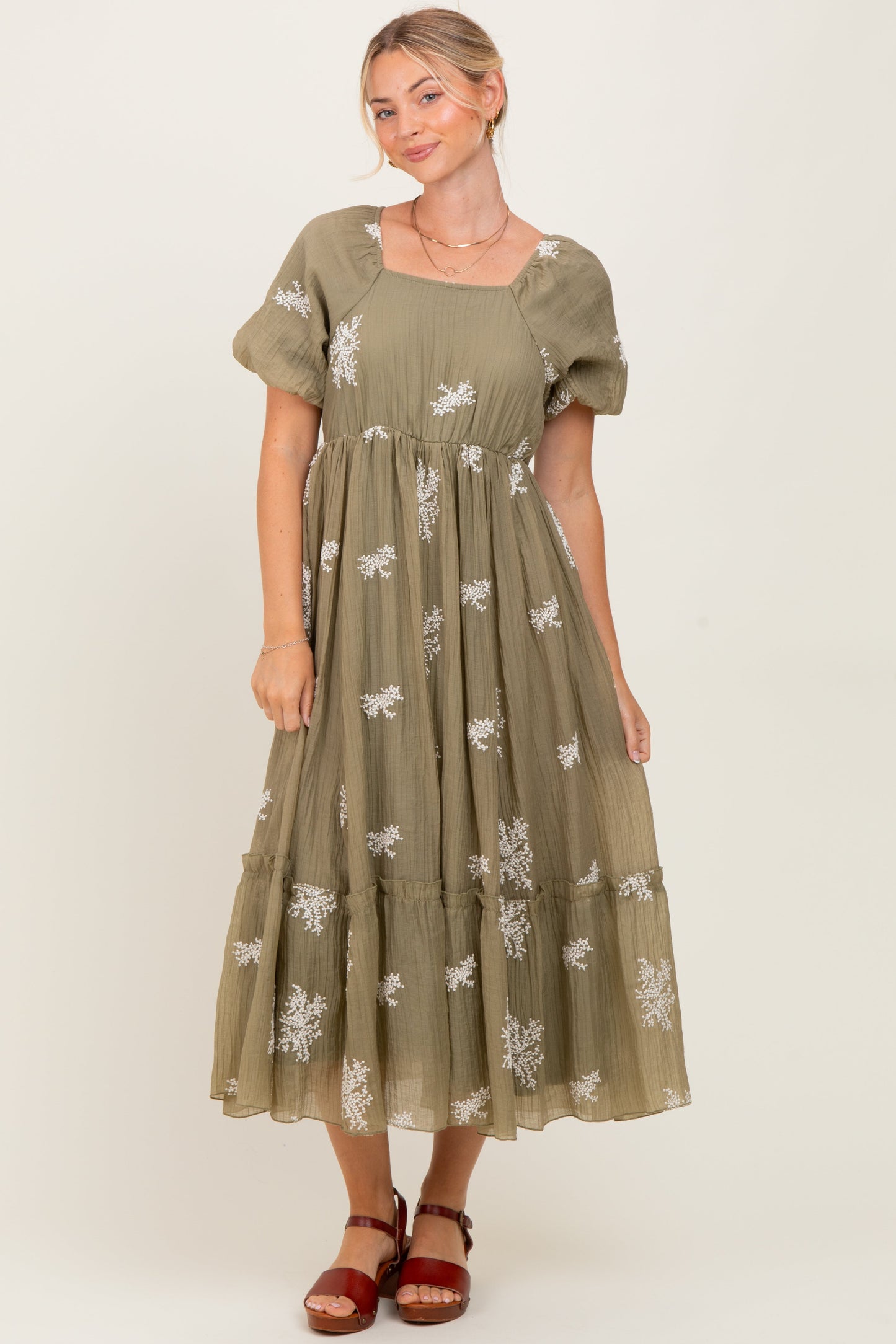 Light Olive Floral Print Ruffle Hem Maternity Midi Dress