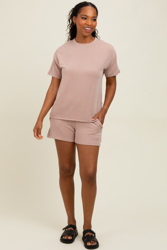 Mocha Ribbed Short Sleeve Tee and Short Maternity Set