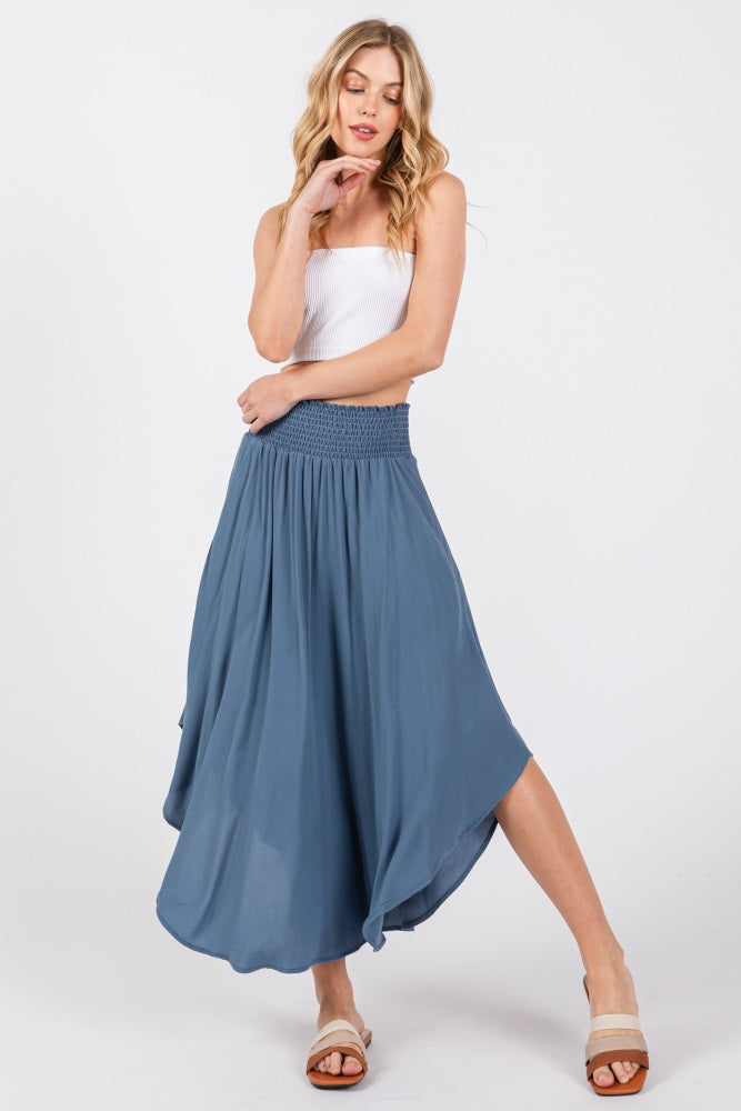 Blue Smocked Waist Rounded Hem Maternity Midi Skirt