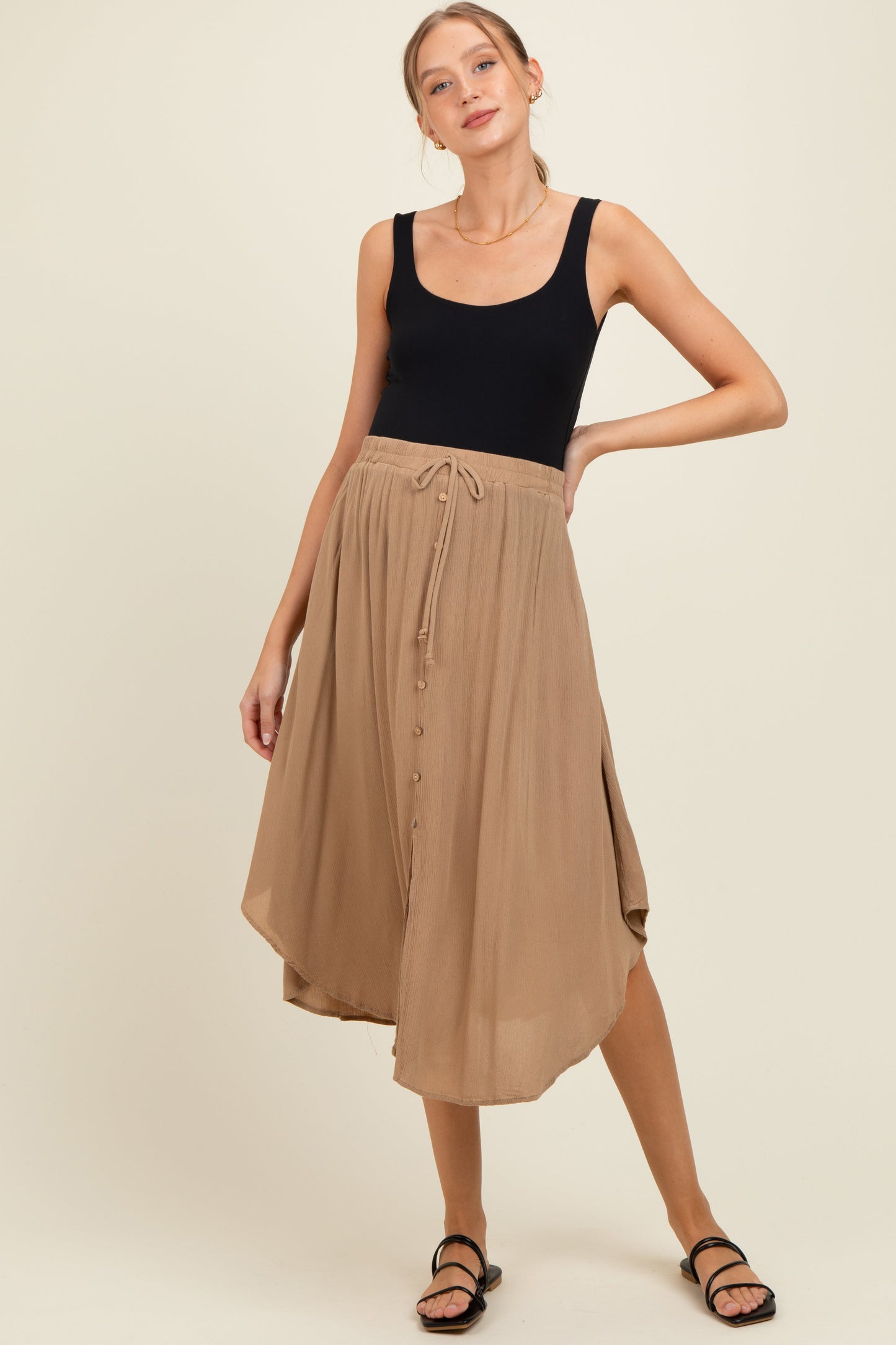 Beige Button Accent Round Hem Maternity Skirt