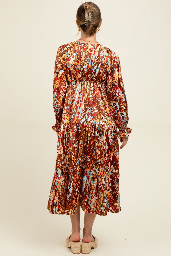 Mocha Multi Color Satin V-Neck Long Sleeve Maternity Maxi Dress
