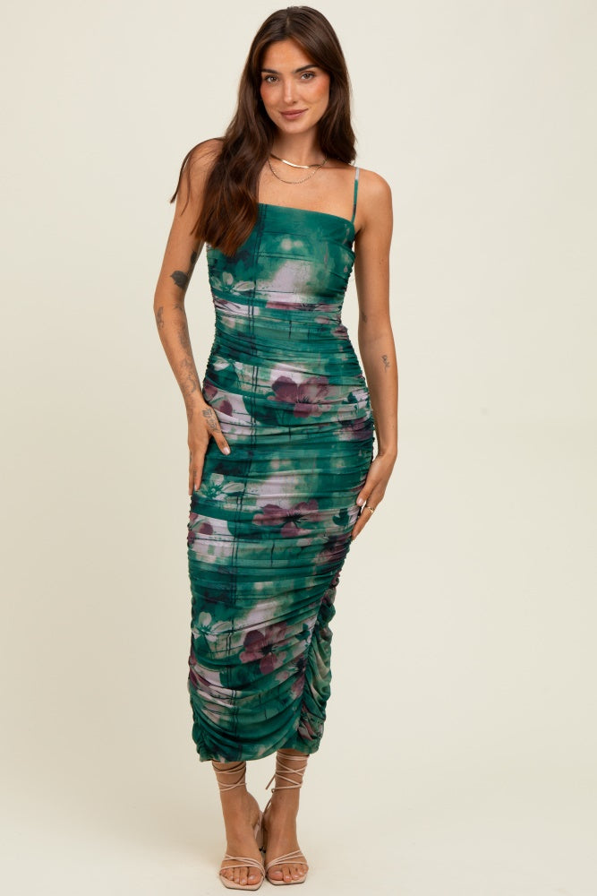 Forest Green Floral Mesh Ruched Sleeveless Maternity Midi Dress