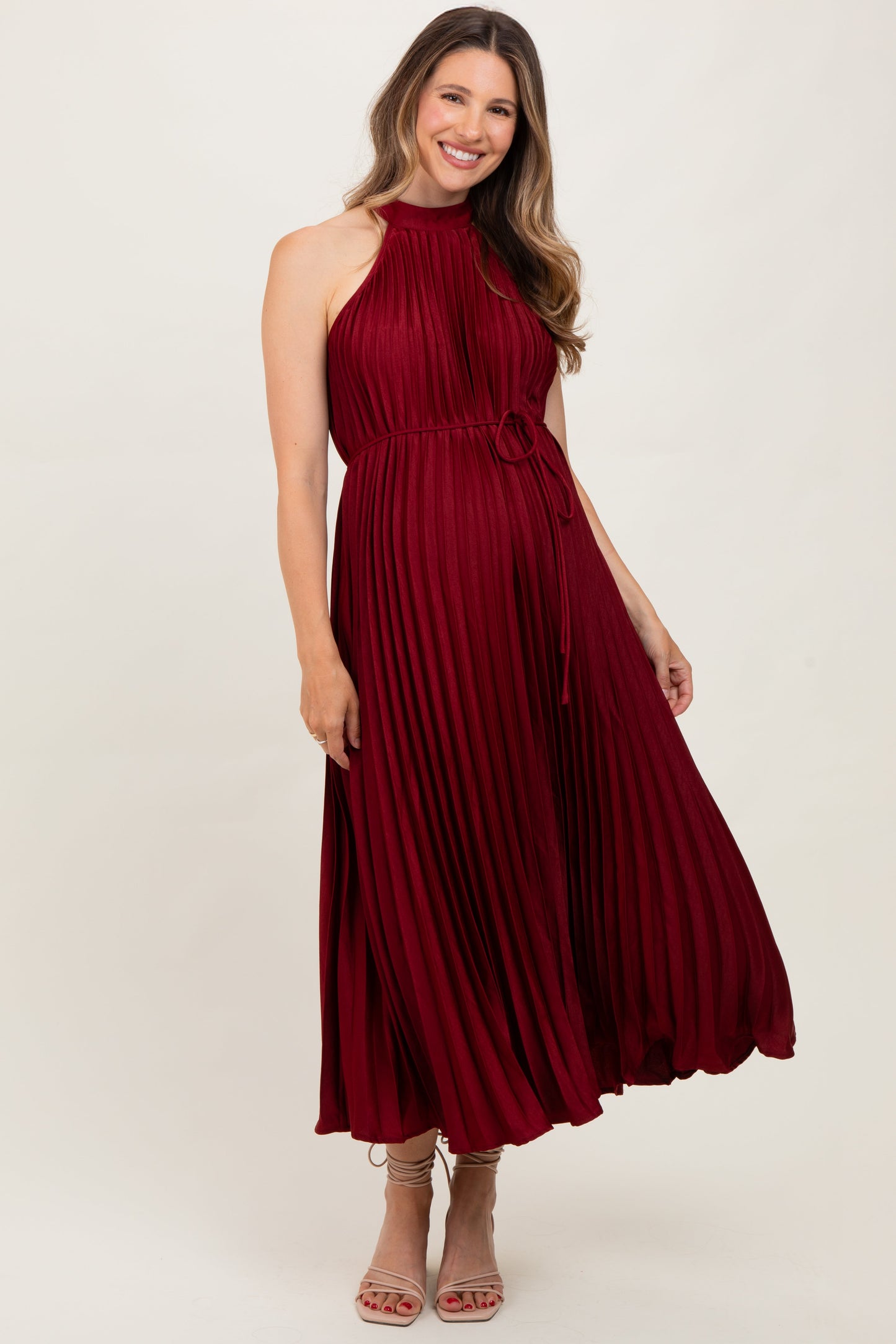 Burgundy Pleated Maternity Halter Dress