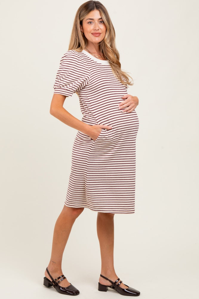 Burgundy Striped Puff Sleeve Maternity Midi T-Shirt Dress