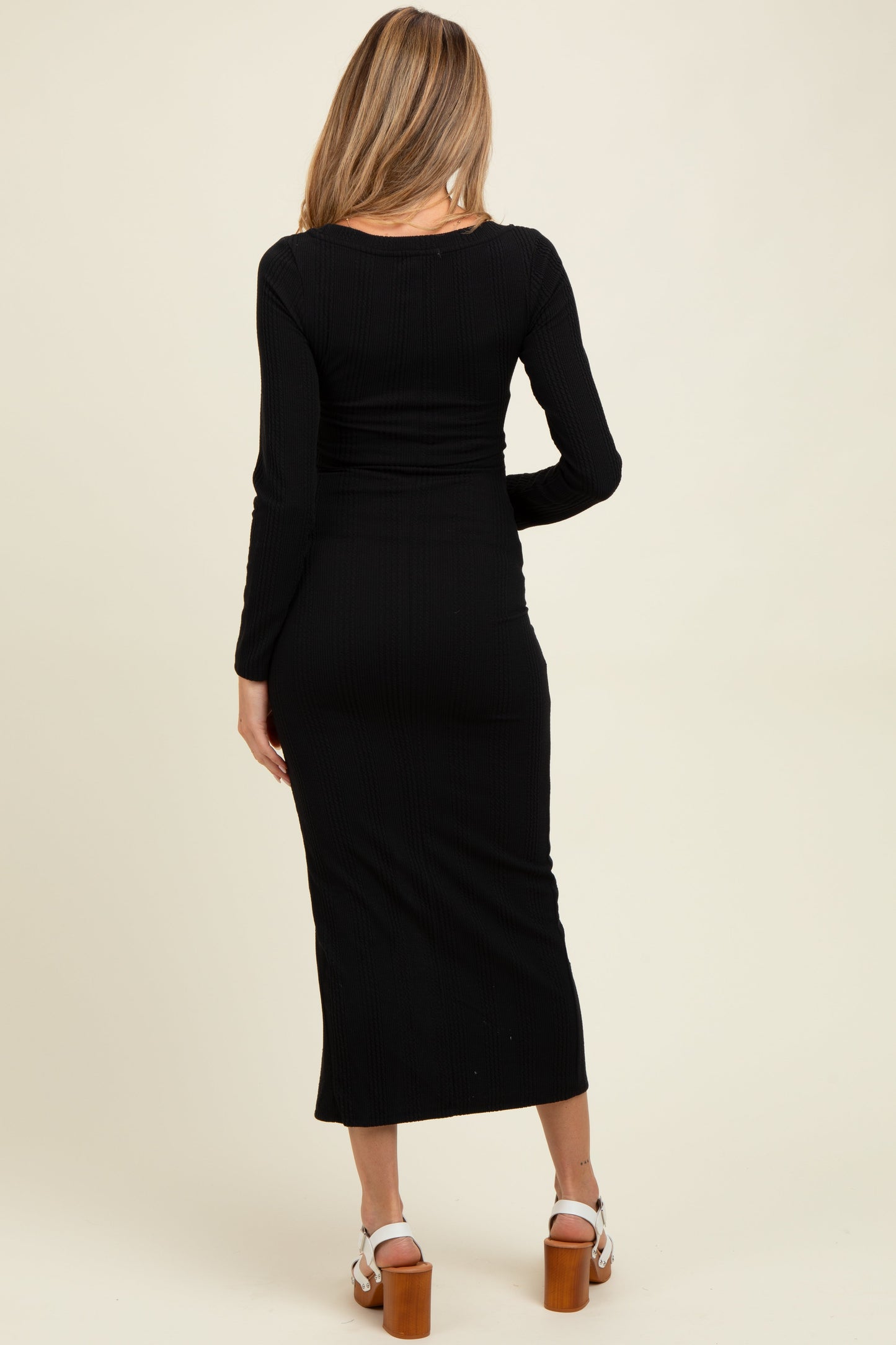 Black Scoop Neck Long Sleeve Front Slit Maternity Maxi Dress