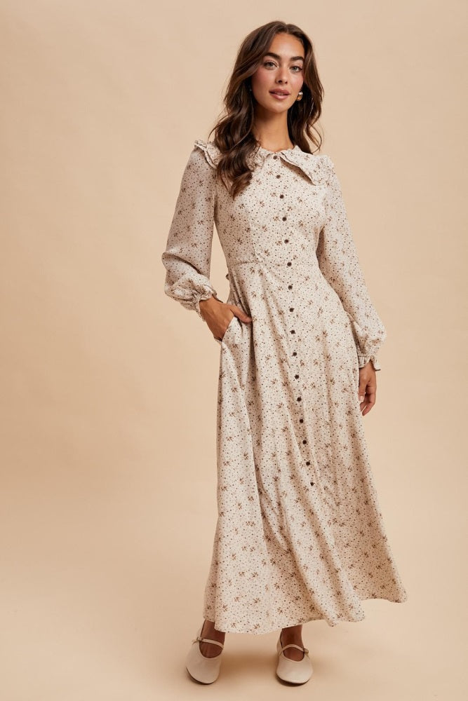 Cream Statement Collar Button Down Maternity Maxi Dress