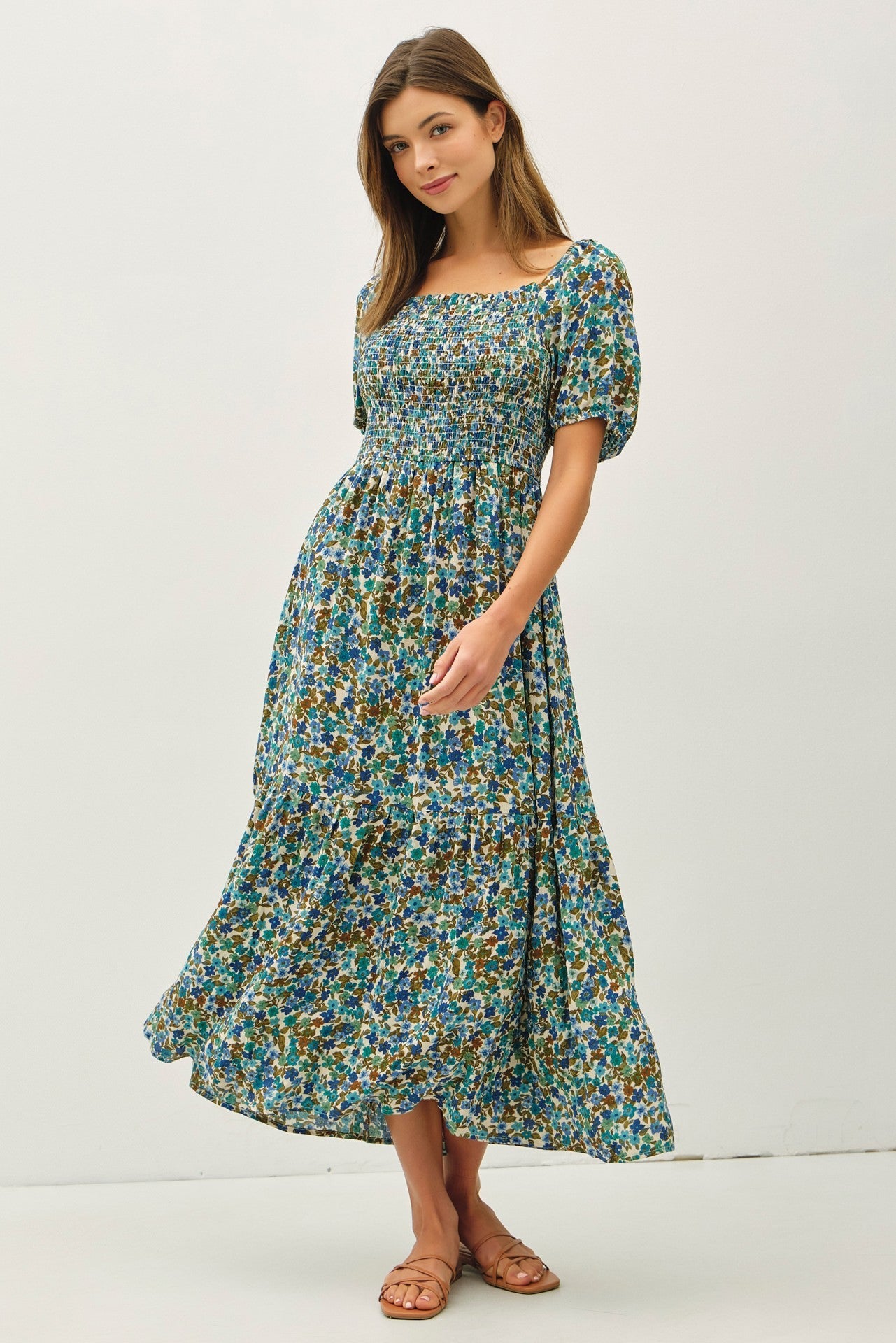 Blue Floral Smocked Tiered Maternity Midi Dress