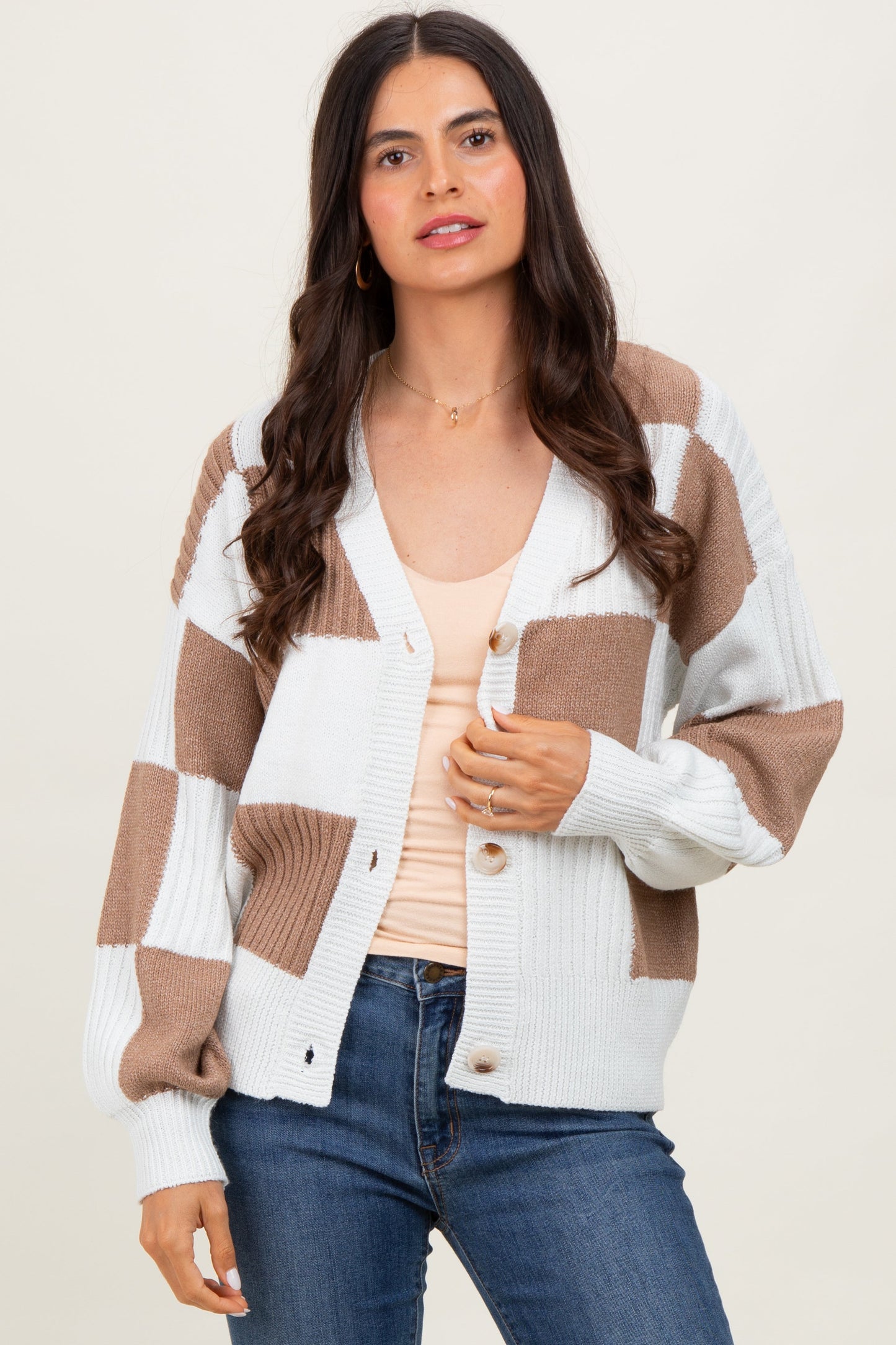 Mocha Checkered Rib Bubble Sleeve Button Maternity Cardigan