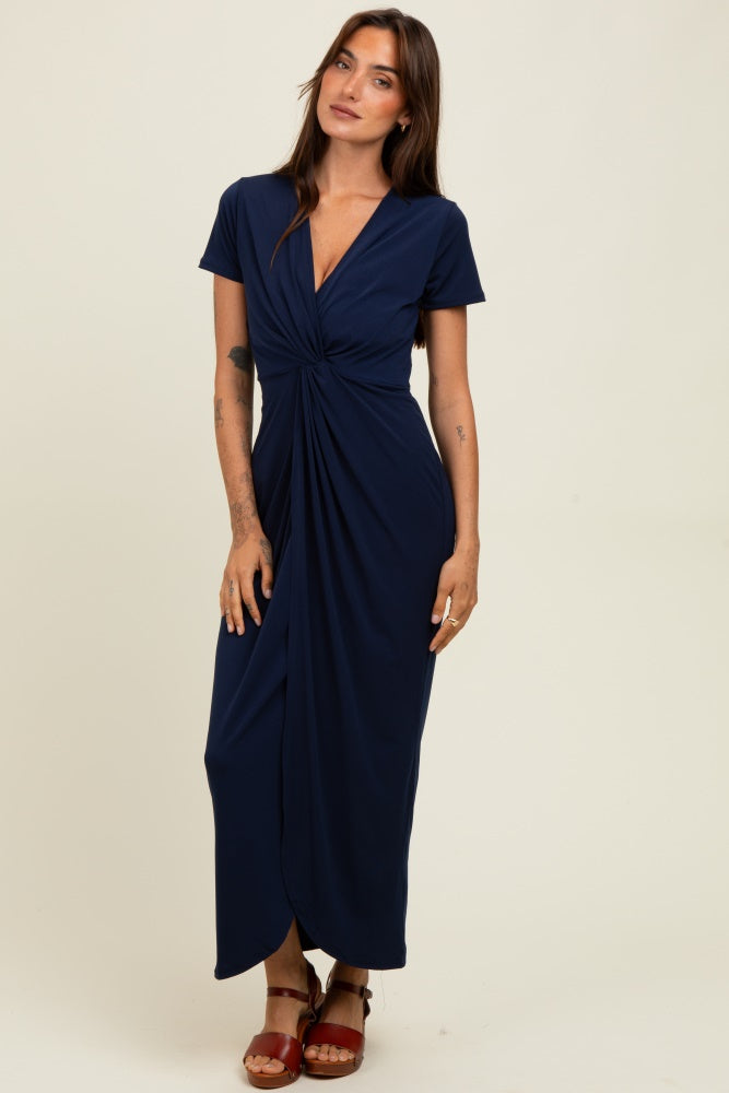 Navy Gathered Front Short Sleeve Maternity Maxi Dress