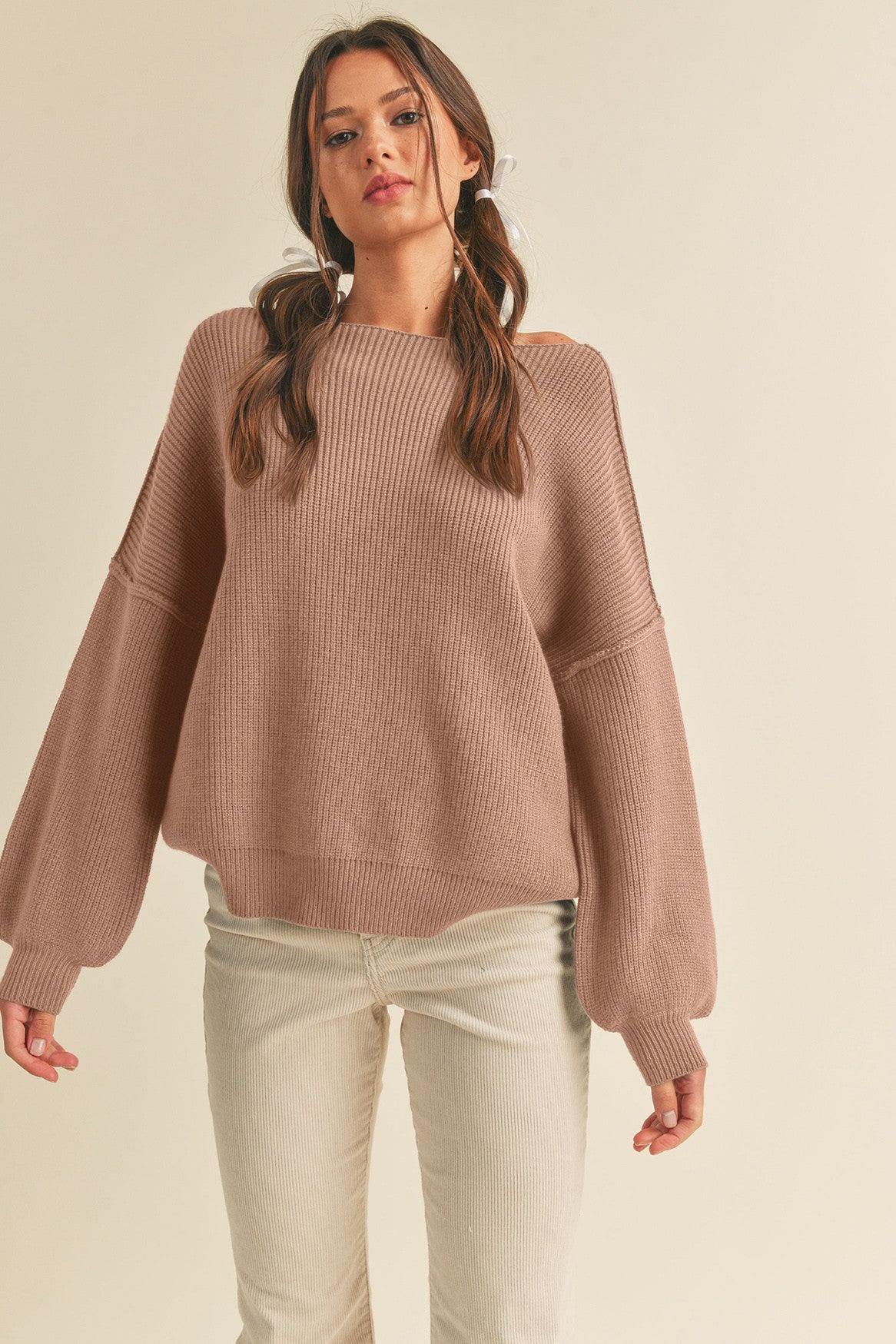 Light Taupe Balloon Sleeve Boat Neck Knit Maternity Sweater