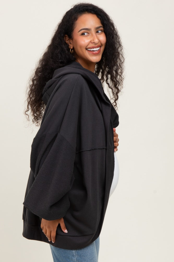 Black Solid Terry Long Dolman Sleeve Vintage Maternity Hoodie