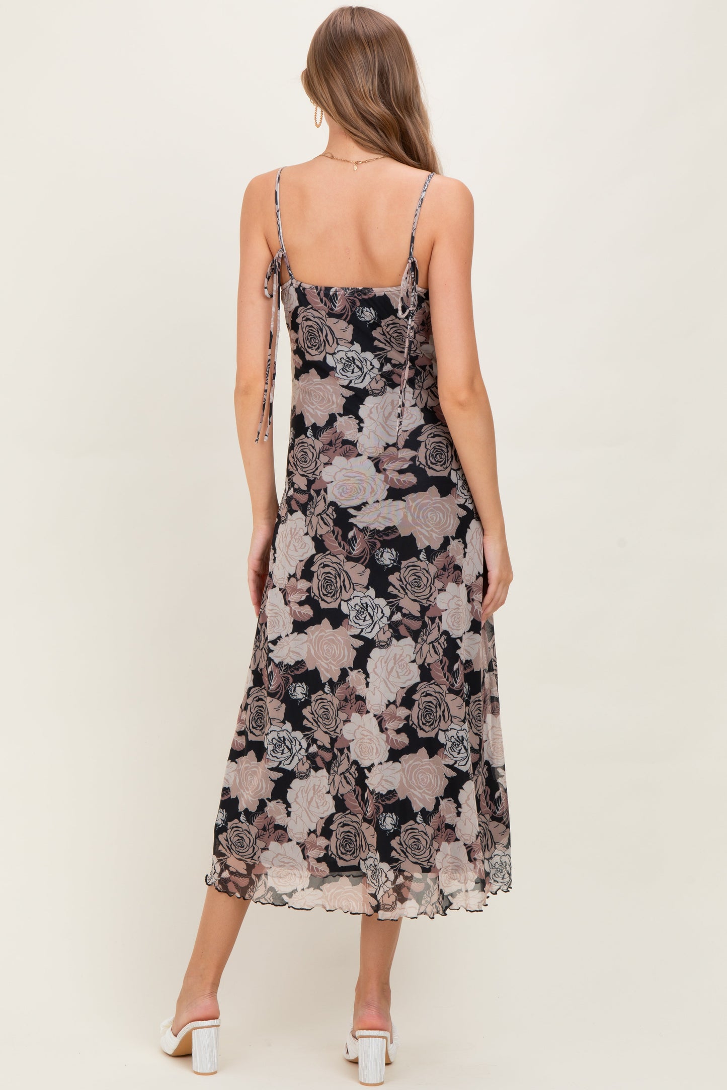 Black Rose Print Mesh Sleeveless Maternity Midi Dress