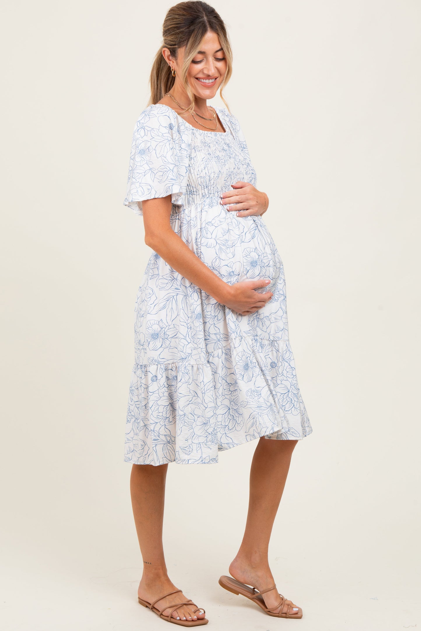 Ivory Floral Smocked Flutter Sleeve Maternity Midi Dress
