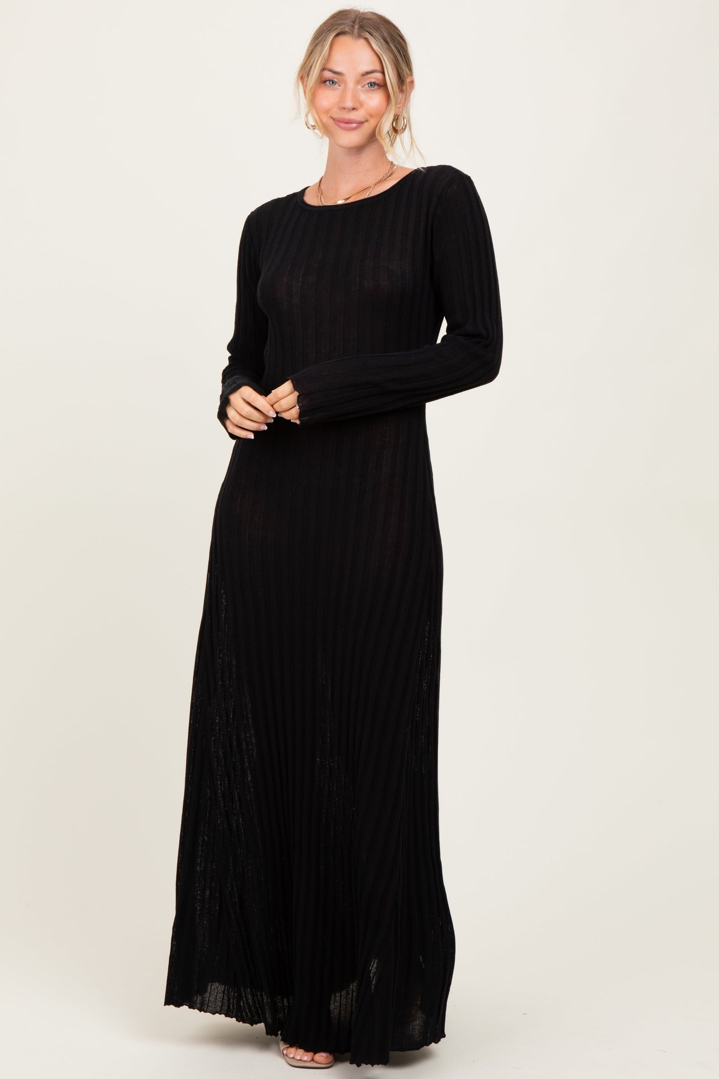 Black Ribbed Long Sleeve Maternity Maxi Dress