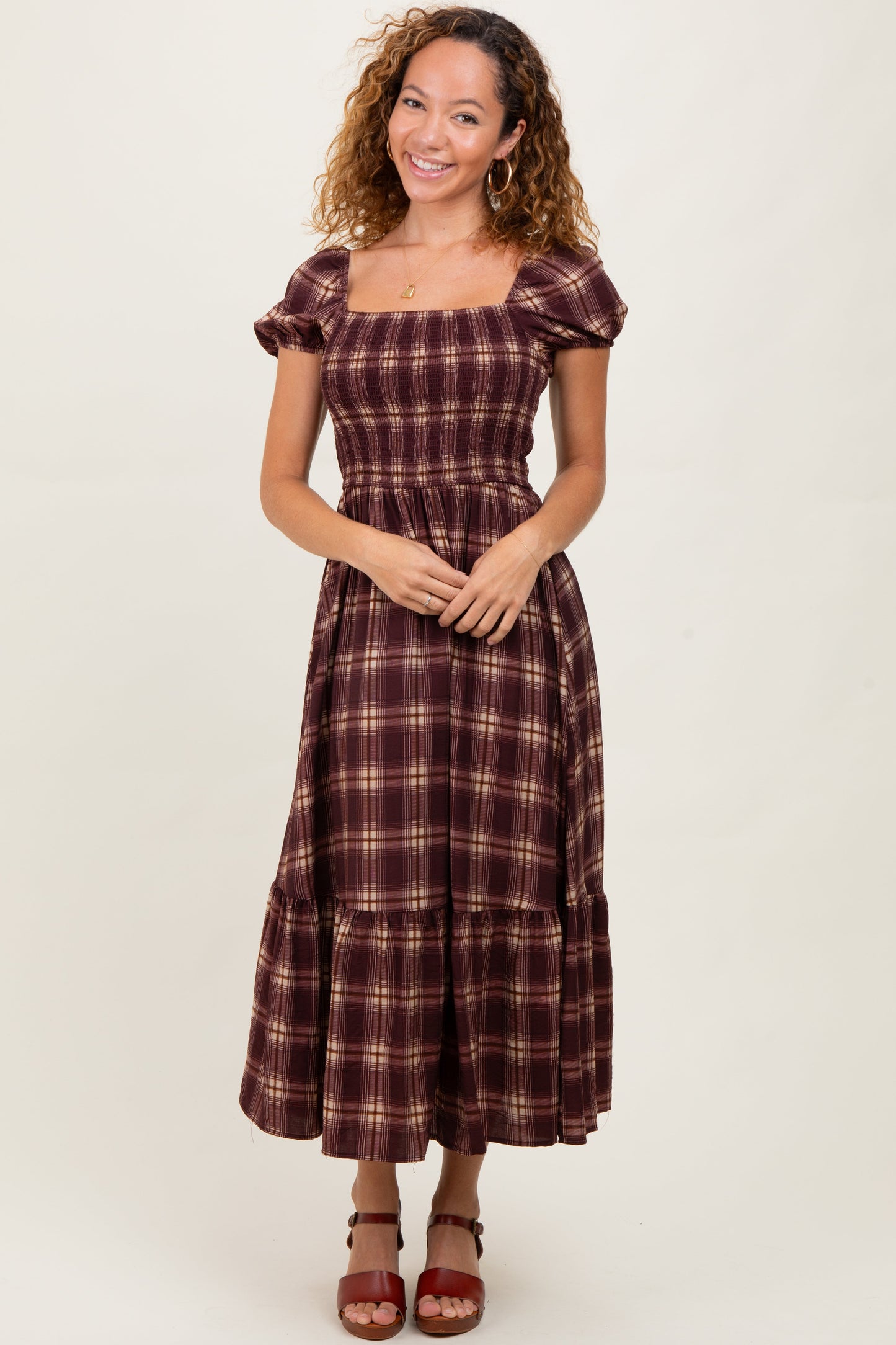 Burgundy Plaid Smocked Puff Sleeve Maternity Midi Dress