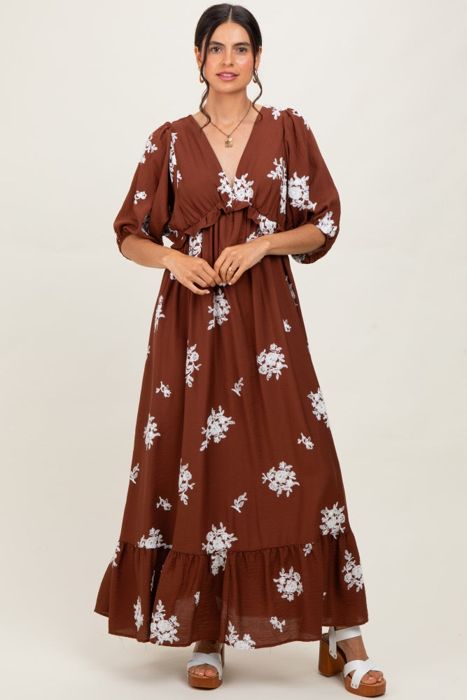 Brown Vintage Floral Embroidered V-Neck 3/4 Sleeve Maternity Maxi Dress