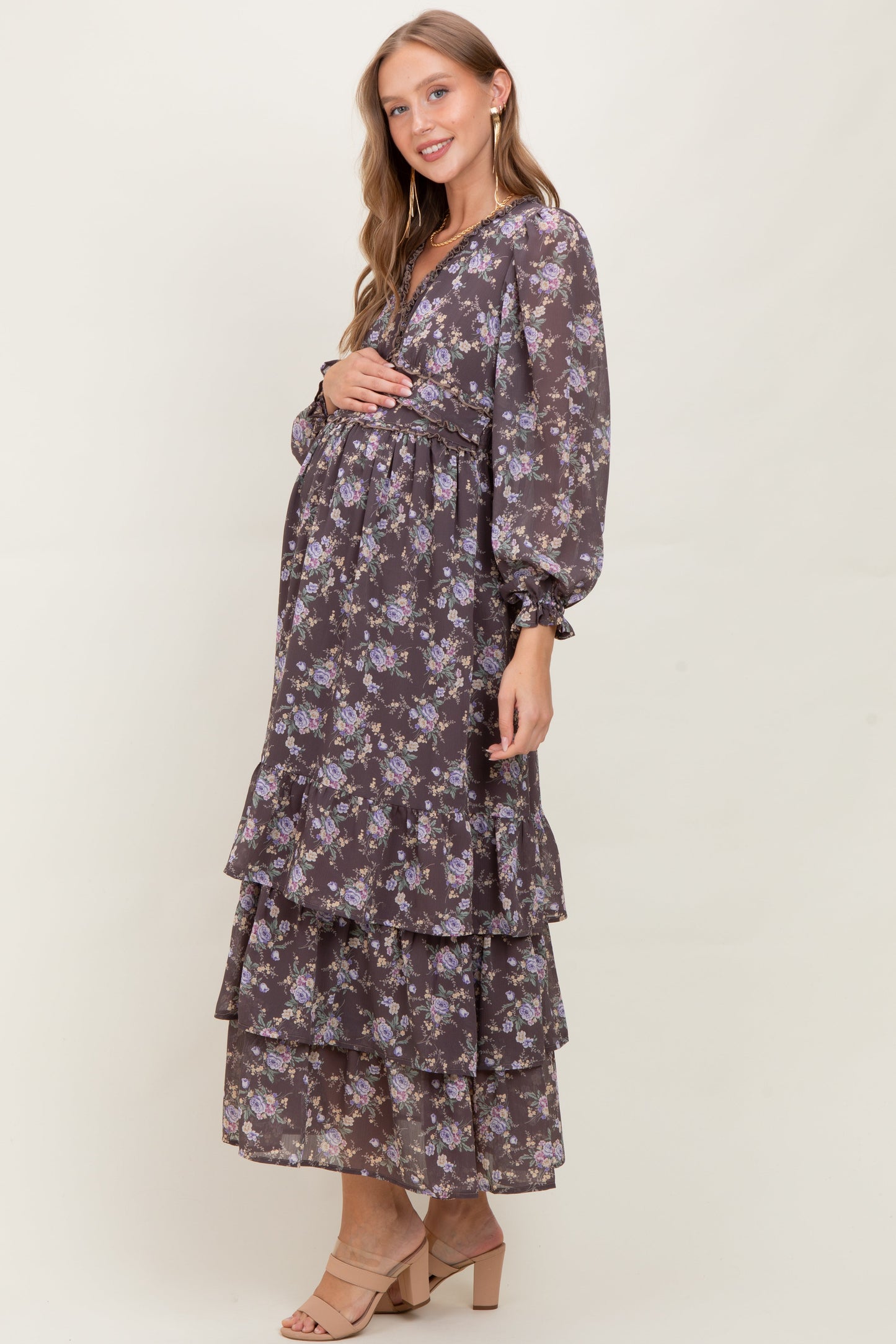 Brown Vintage Floral Ruffle Tiered Hem Maternity Maxi Dress