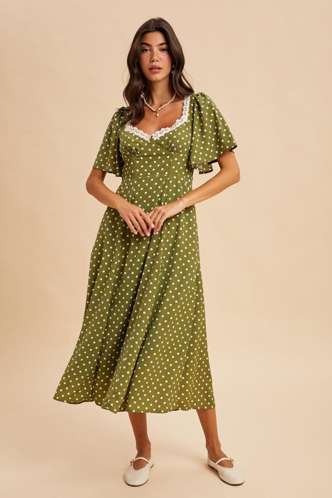 Olive Polka Dot Lace Trim Maternity Maxi Dress