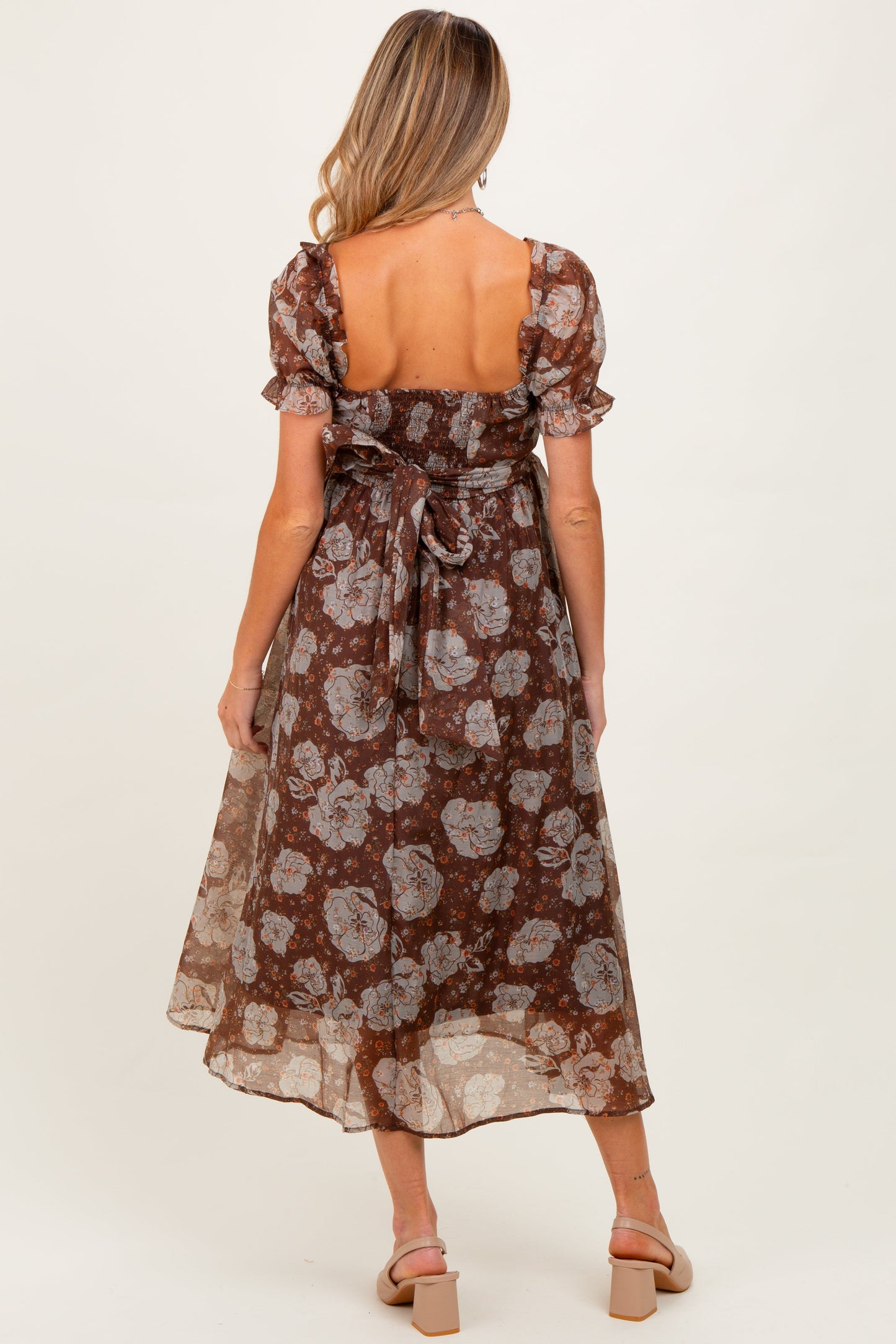 Brown Floral Chiffon Sweetheart Neckline Maternity Midi Dress