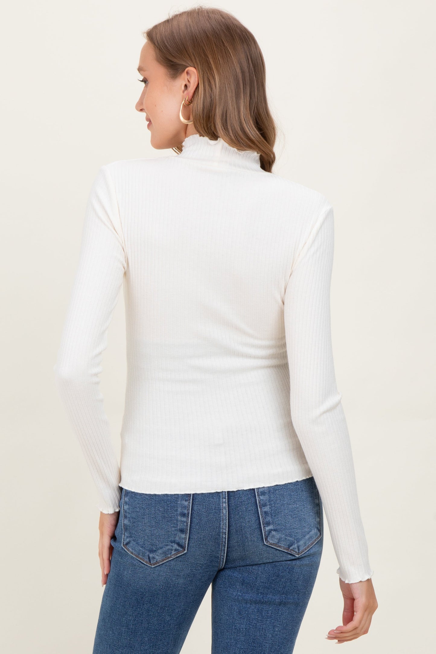 Ivory Lettuce Edge Mock Neck Long Sleeve Rib Maternity Top